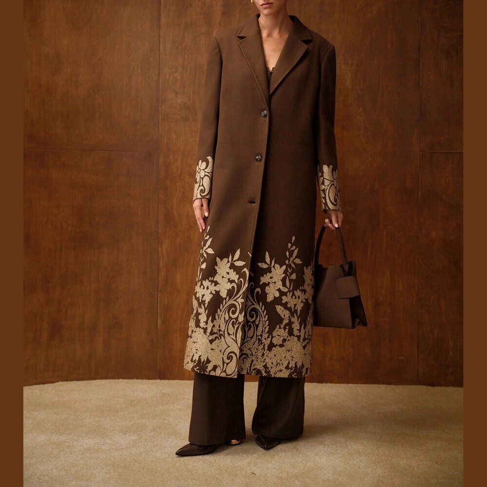 Brown Floral Print Notched Lapel Button Front Midi Coat